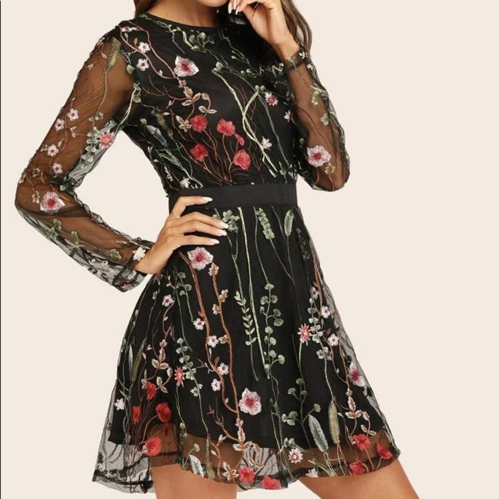 Flower Embroidered Mesh Overlay Dress